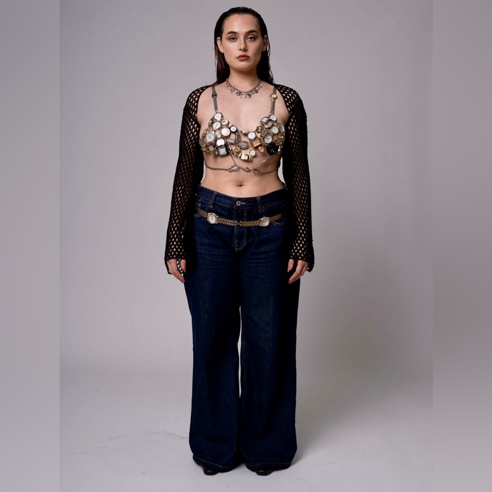 BERSHKA Wide-Leg Navy Jeans